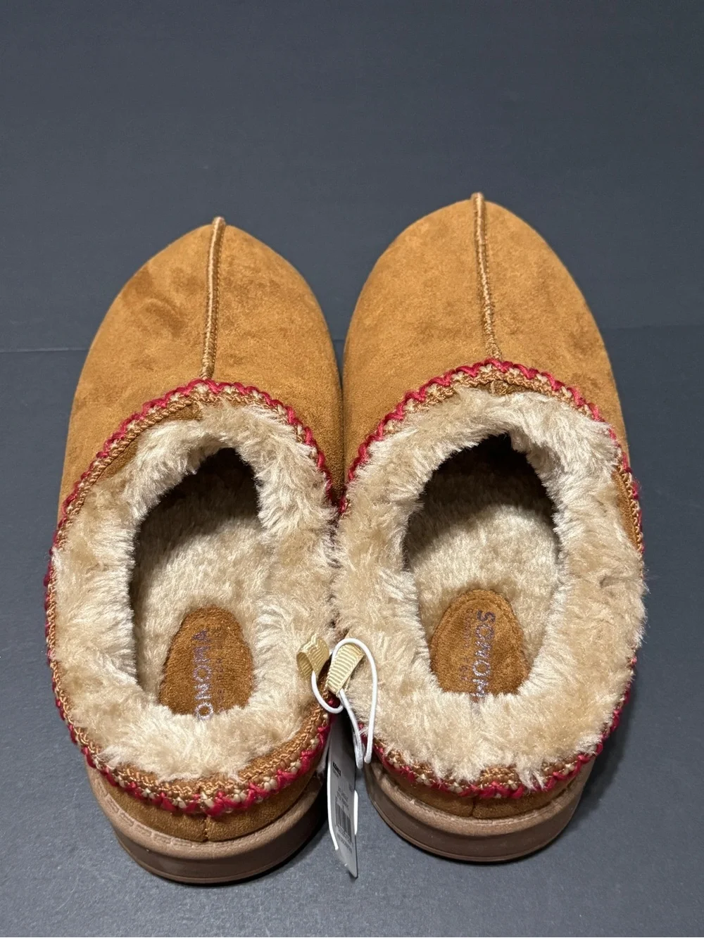 Kohl's Kids Faux-Suede Pembroke Slip-On Slippers in Chestnut with Red Trim